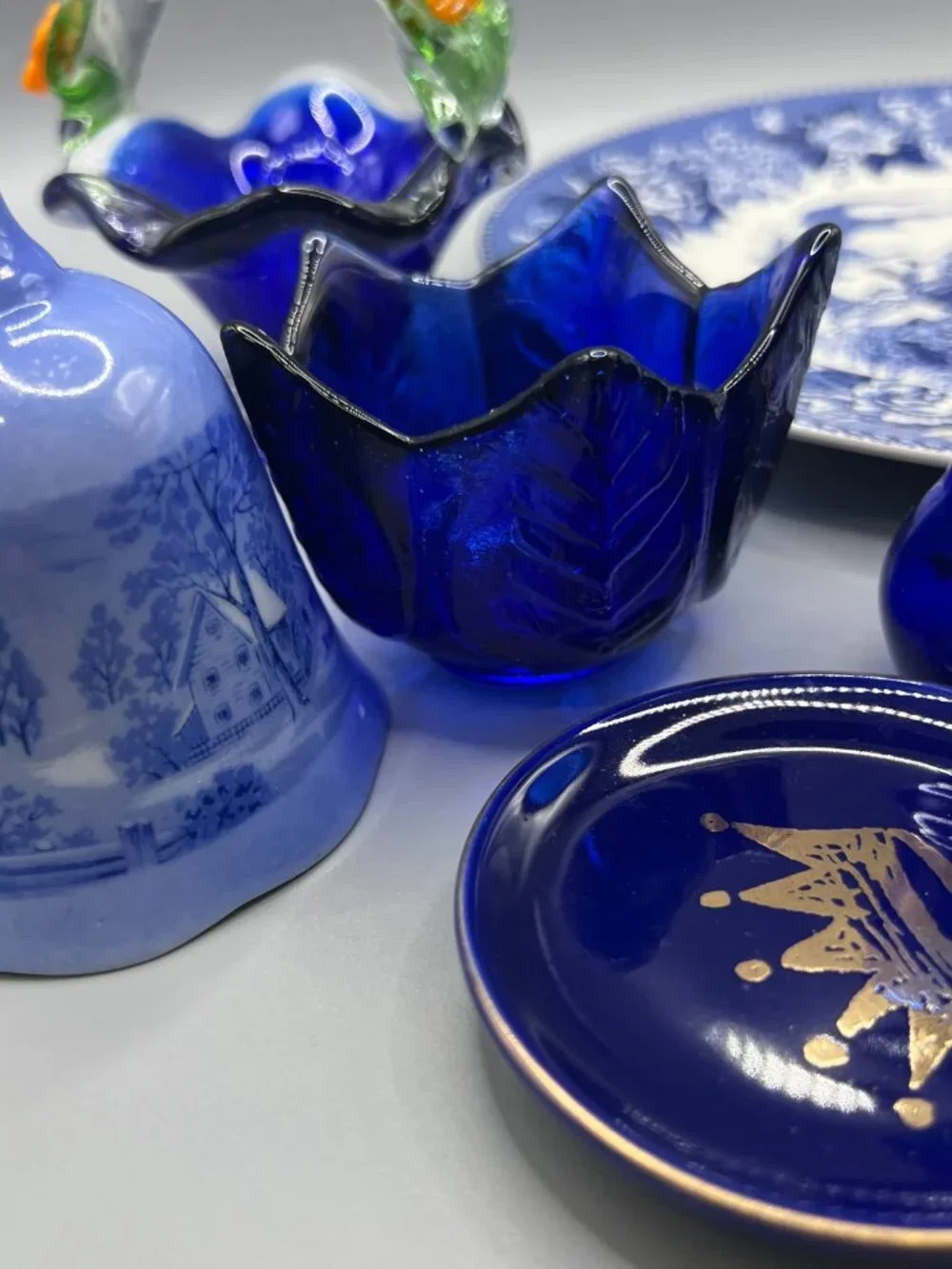 Delft Blue Glass Plate Ceramic Bell Basket Kenmore Lot of 8 items MCM